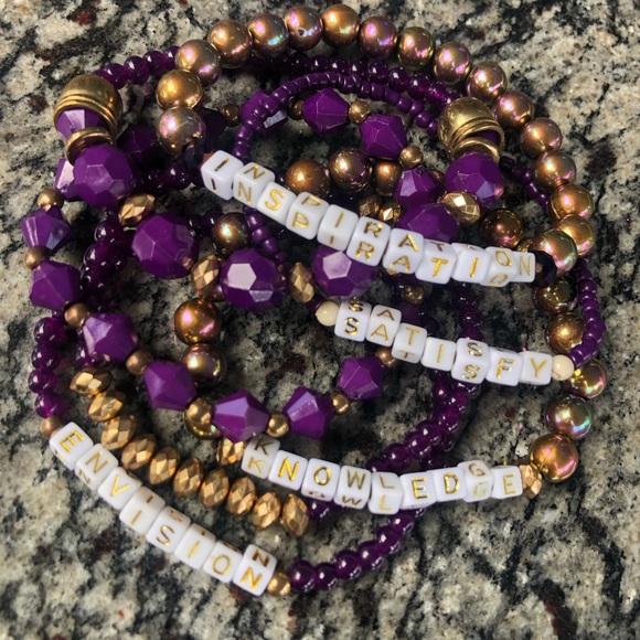 purple wood words 7 set bracelet stretch stacking layered gold luxury bundle lot - Picture 2 of 7